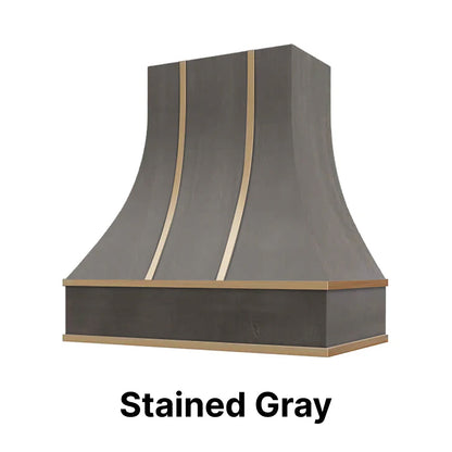 Wood Range Hood With Curved Front and Brass Strapping and Flat Trim - 30" 36" 42" 48" 54" and 60" Widths Available