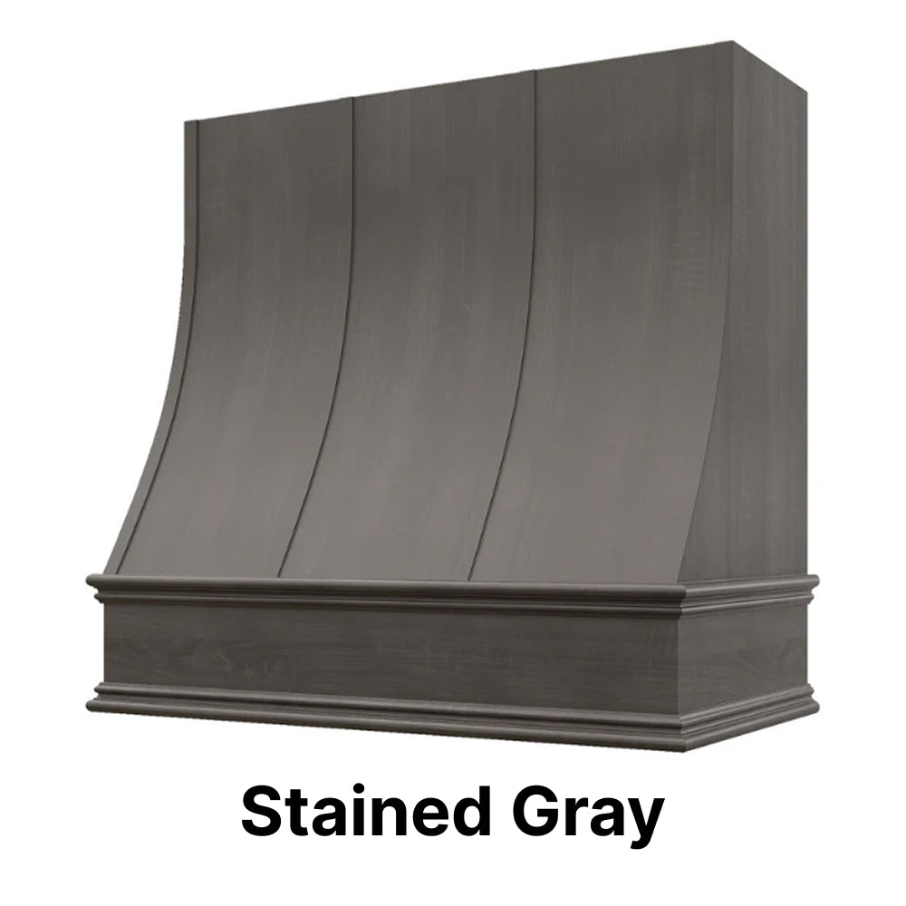 Wood Range Hood With Sloped Strapped Front and Decorative Trim - 30", 36", 42", 48", 54" and 60" Widths Available