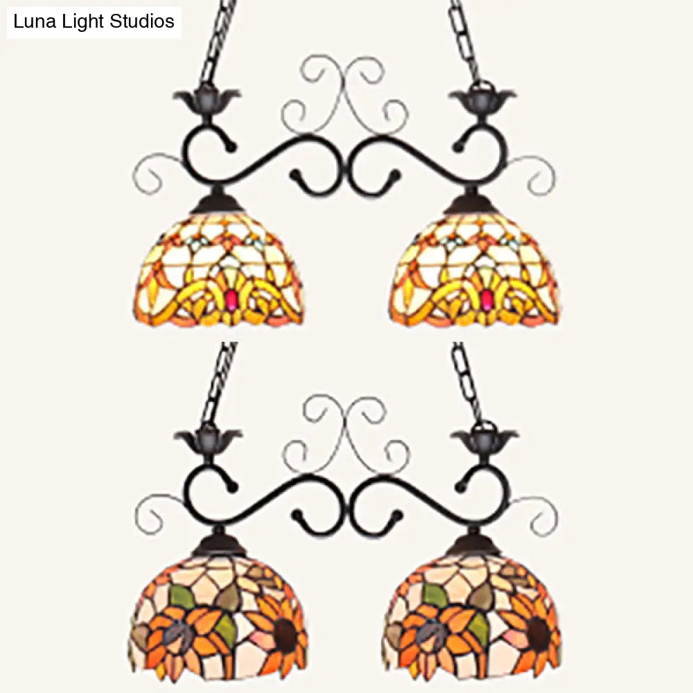 DecorBites™ Stainless Glass Pendant Light - Tiffany Style - 2 Lights - Black Finish - Island Lighting Fixture - Sunflower/Baroque Pattern