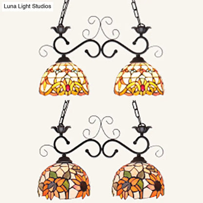 DecorBites™ Stainless Glass Pendant Light - Tiffany Style - 2 Lights - Black Finish - Island Lighting Fixture - Sunflower/Baroque Pattern