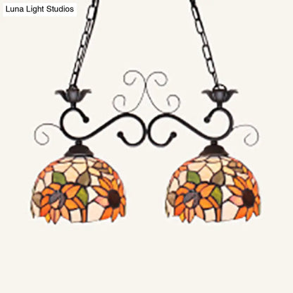 DecorBites™ Stainless Glass Pendant Light - Tiffany Style - 2 Lights - Black Finish - Island Lighting Fixture - Sunflower/Baroque Pattern