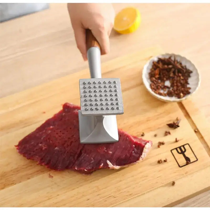 Stainless steel and wood double faced meat tenderizer kitchen hammer