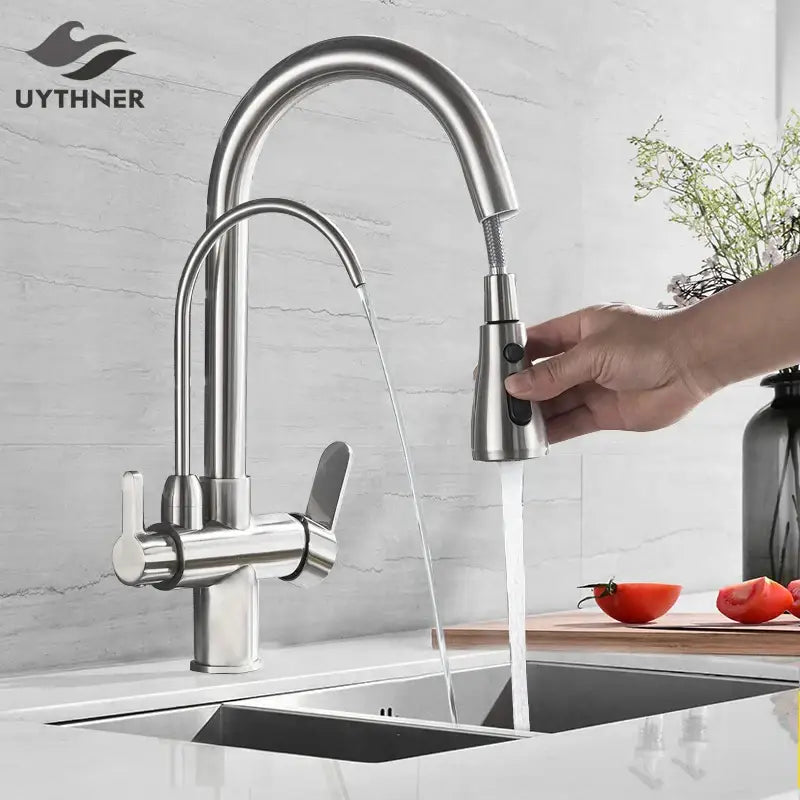 Stainless steel arched water filter faucet kitchen pull down spray