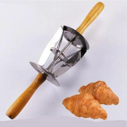 Stainless steel croissant dough cutter with wooden handles for kitchen