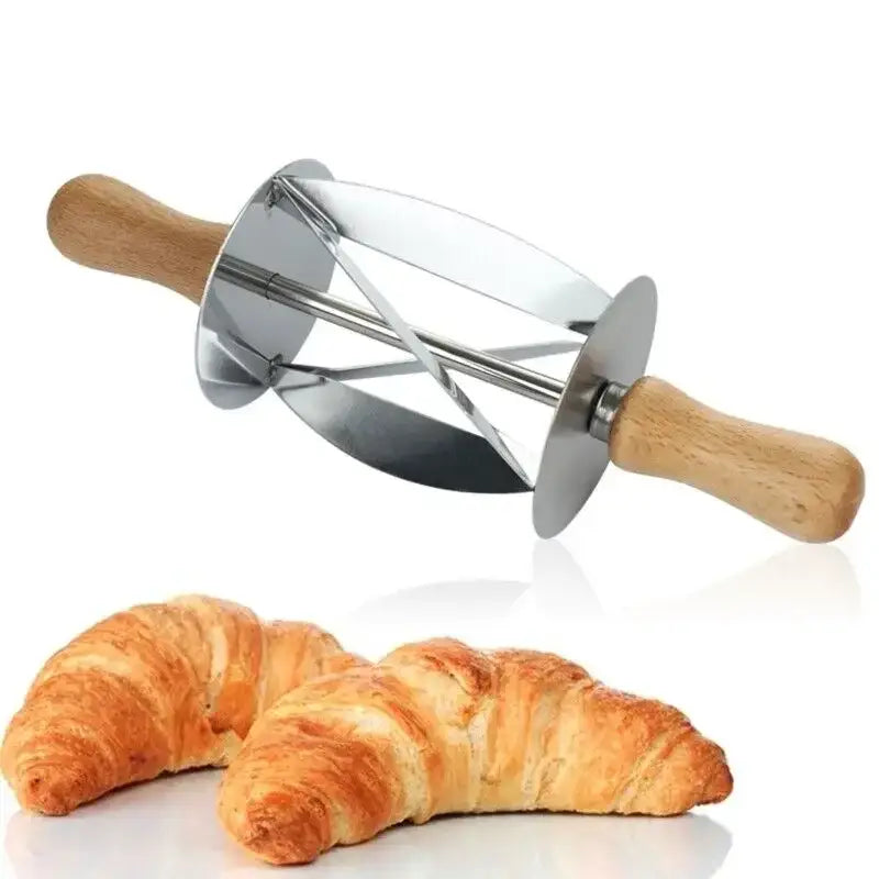 Stainless steel croissant dough cutter with wooden handles for kitchen