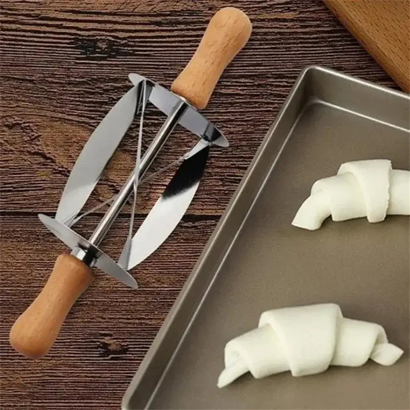 Stainless steel croissant dough cutter with wooden handles for kitchen