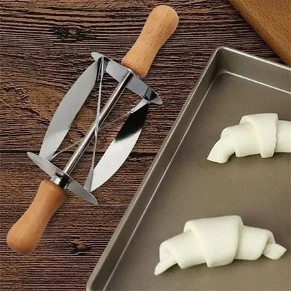 Stainless steel croissant dough cutter with wooden handles for kitchen
