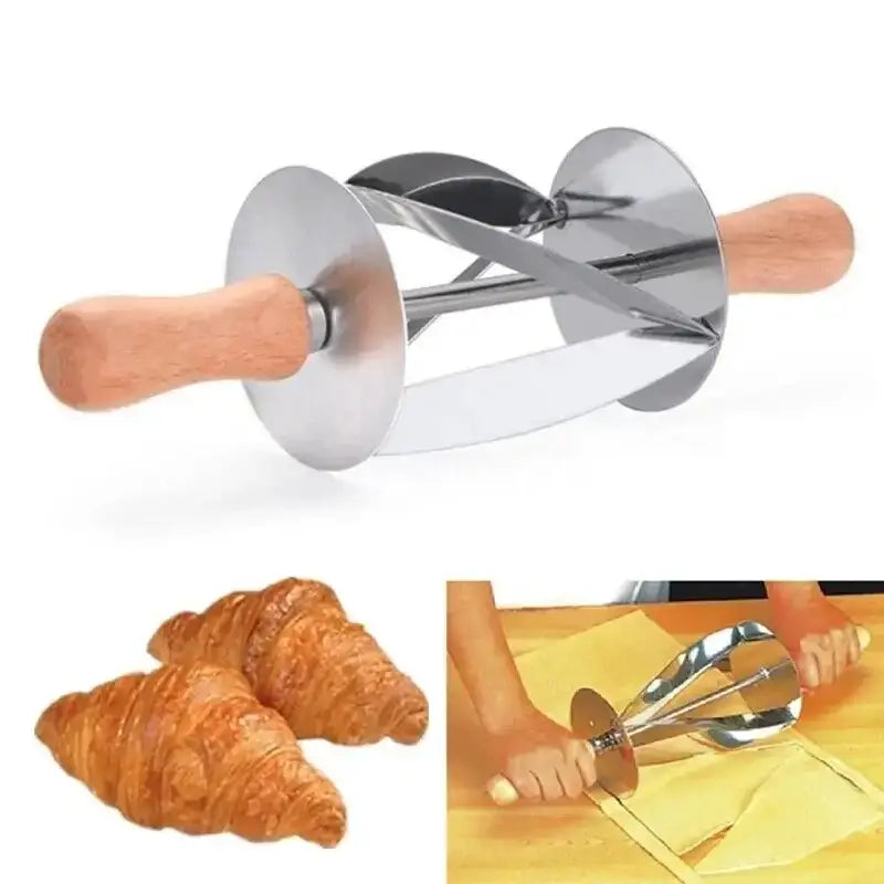 Stainless steel croissant dough cutter with wooden handles for kitchen