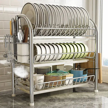 Stainless steel curved kitchen drying rack and dish organizer shelf