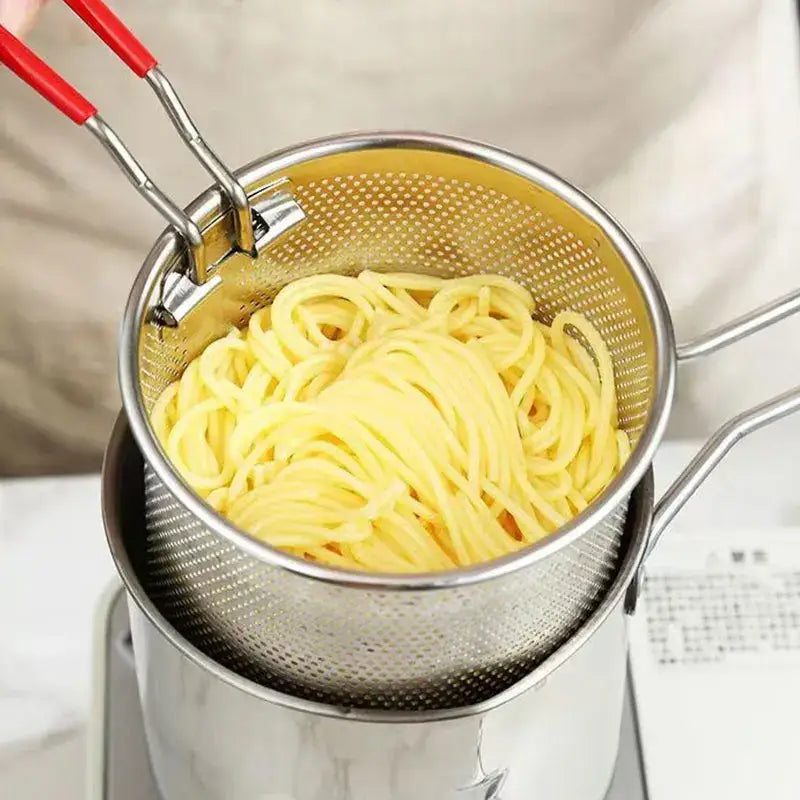 Stainless steel deep fryer pot with strainer and tongs kitchen tool