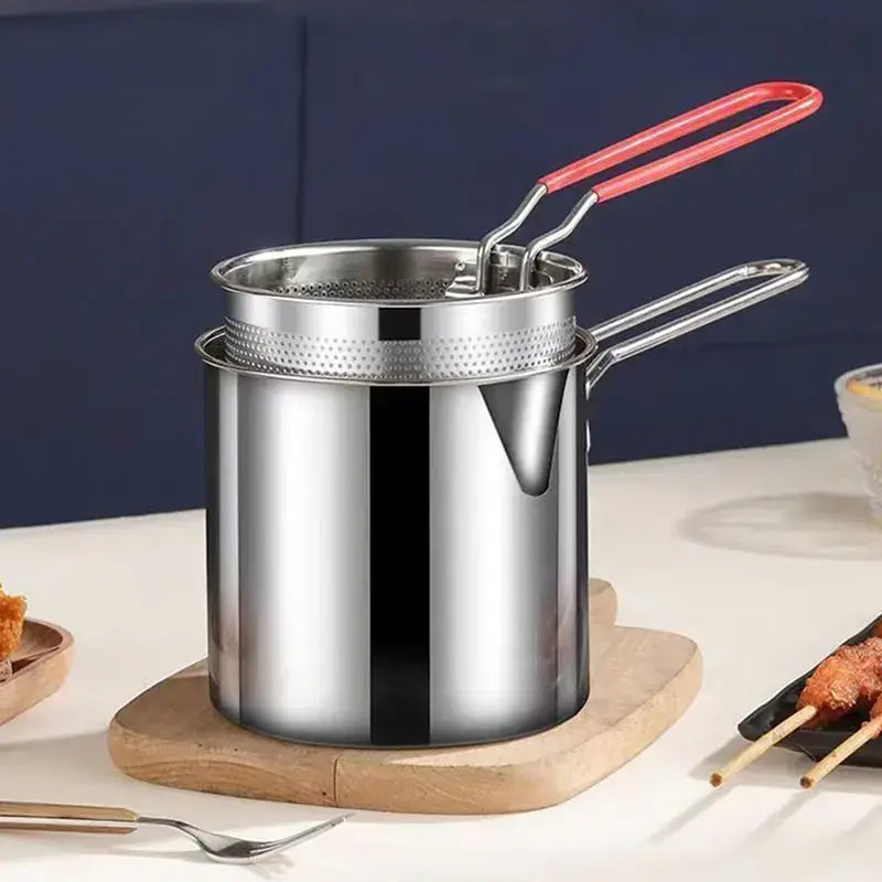 Stainless steel deep fryer pot with strainer and tongs kitchen tool