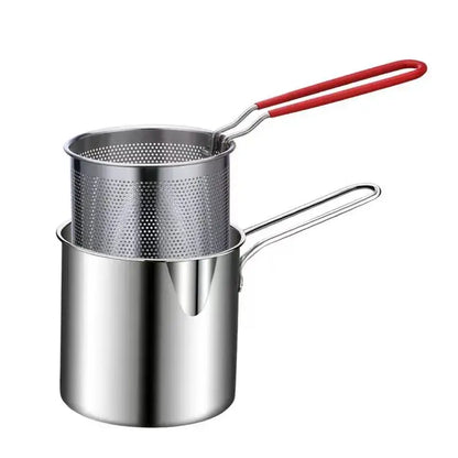 Stainless steel deep fryer pot with strainer and tongs kitchen tool