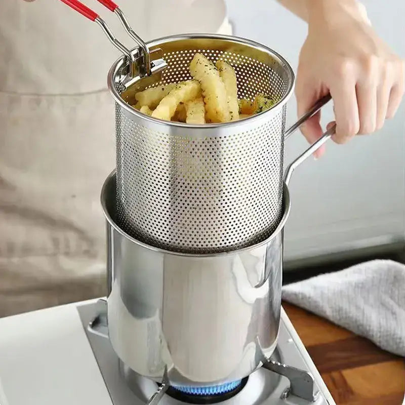 Stainless steel deep fryer pot with strainer and tongs kitchen tool