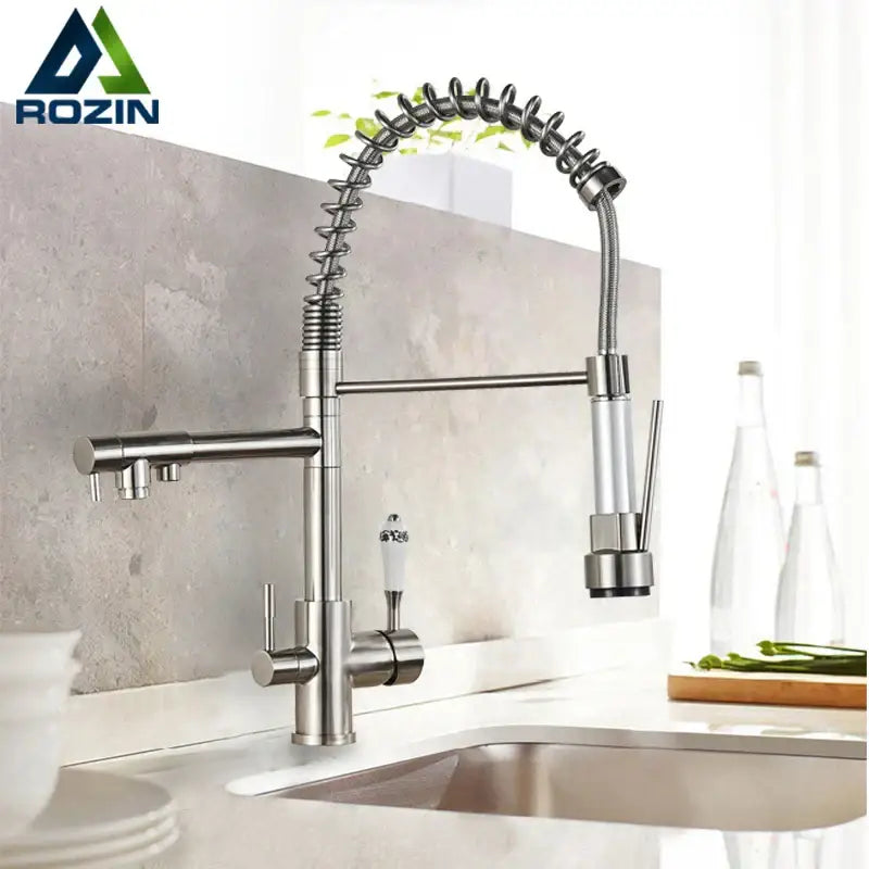 Stainless steel dual spout pull down kitchen faucet with filter