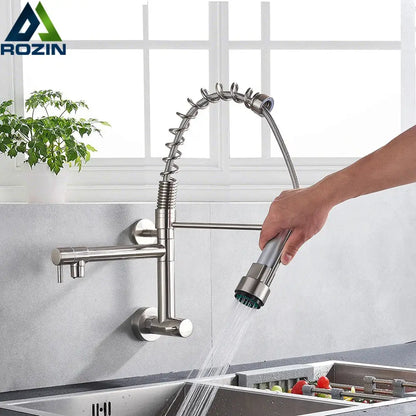 Stainless steel dual spouts kitchen faucet with pull out spray head