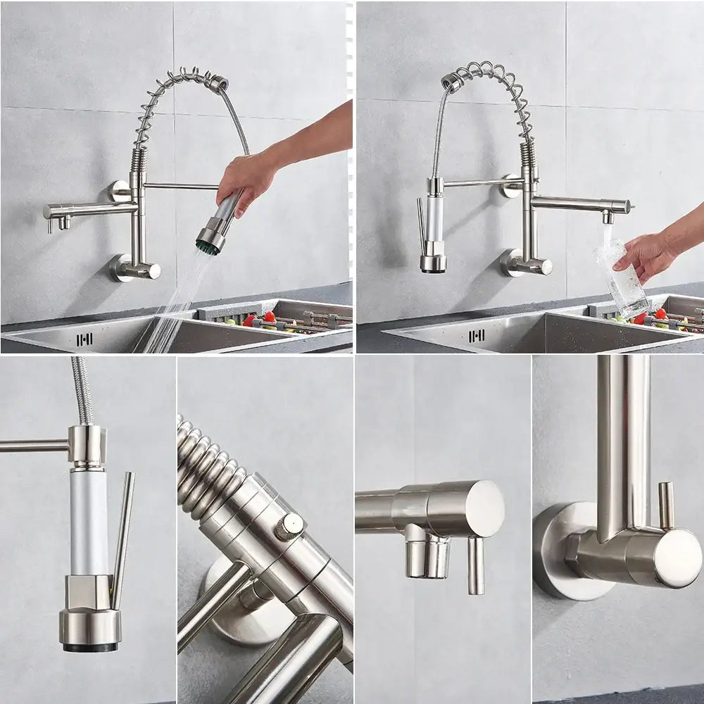 Stainless steel dual spouts kitchen faucet with pull out spray head