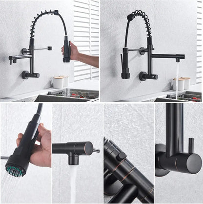 Stainless steel dual spouts kitchen faucet with pull out spray head