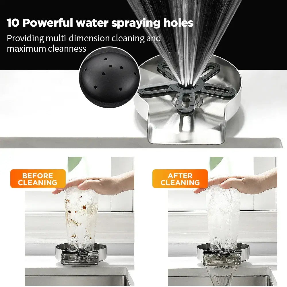Stainless steel glass rinser with black spiderweb drain for kitchen