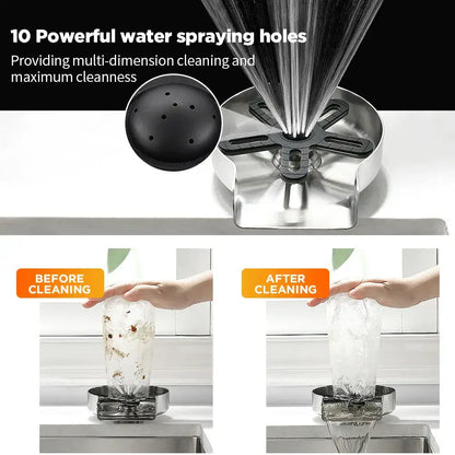 Stainless steel glass rinser with black spiderweb drain for kitchen