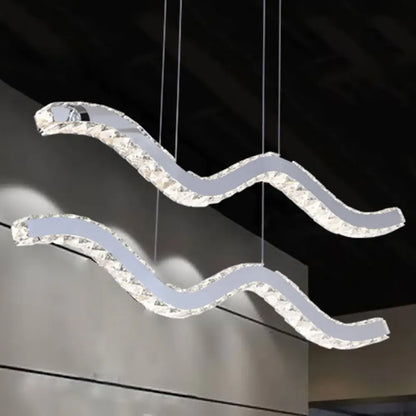 DecorBites™ Stainless Steel Island Pendant LED Hanging Light with Wavy Crystal Strip - Minimalistic Office Fixture