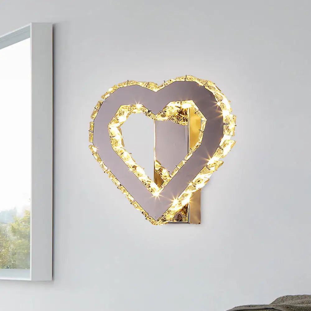 DecorBites™ Stainless-Steel LED Bedside Wall Sconce with Faceted Crystal Heart Design