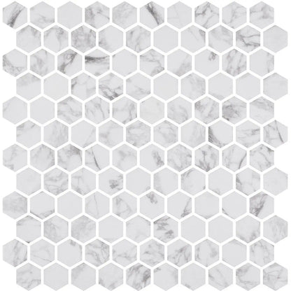 Statuario Honed Hexagon Glass Mosaics 11 3/4x11 1/2