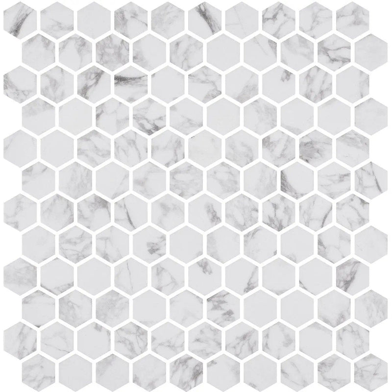 Statuario Honed Hexagon Glass Mosaics 11 3/4x11 1/2