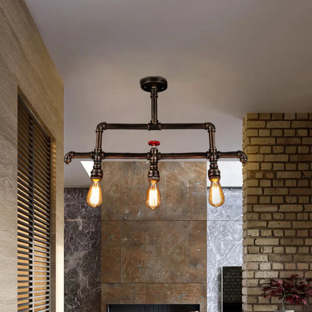 DecorBites™ Steampunk Bronze 3-Light Linear Pendant with Pipe and Valve Decoration for Island Lighting