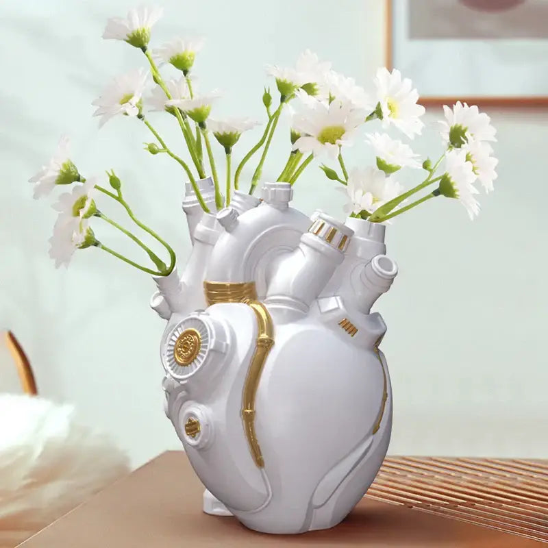 Steampunk white & gold heart cardiac vase living room decor