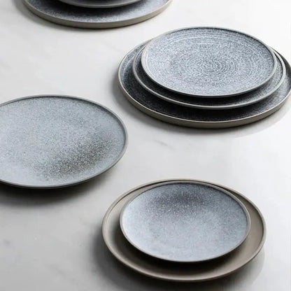Stone inspired speckled blue & white ceramic dinner plate set dining room