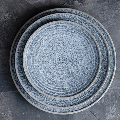 Stone inspired speckled blue & white ceramic dinner plate set dining room