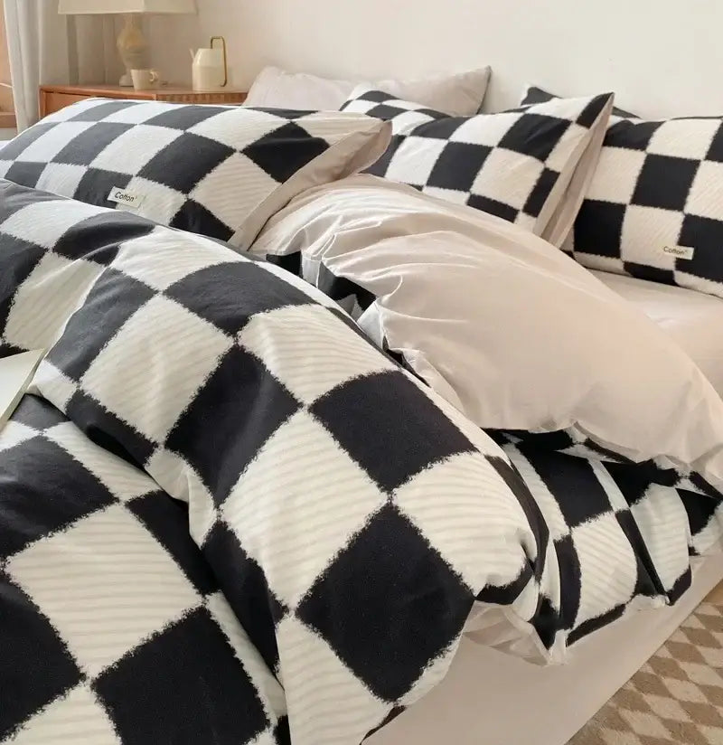 Striped beige & blue cotton bedding set bedroom fitted sheet