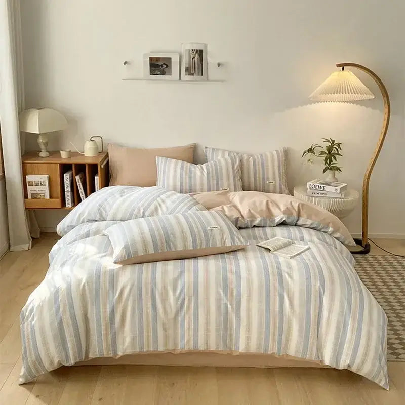Striped beige & blue cotton bedding set bedroom fitted sheet