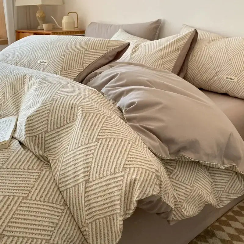 Striped beige & blue cotton bedding set bedroom fitted sheet