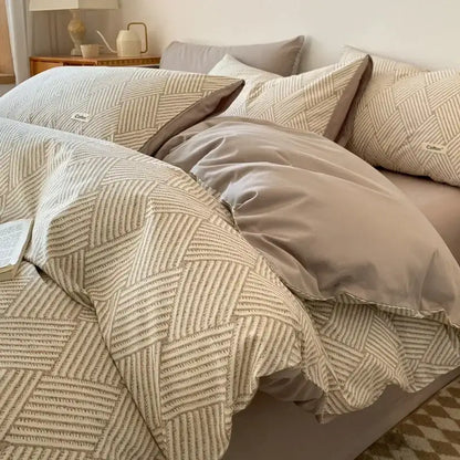 Striped beige & blue cotton bedding set bedroom fitted sheet