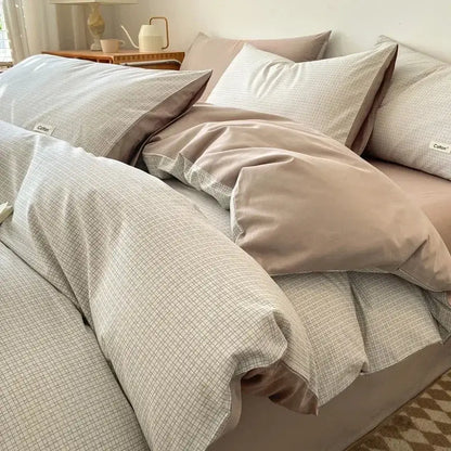 Striped beige & blue cotton bedding set bedroom fitted sheet