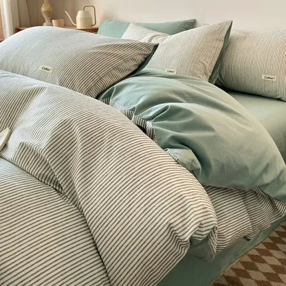 Striped beige & blue cotton bedding set bedroom fitted sheet