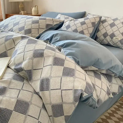 Striped beige & blue cotton bedding set bedroom fitted sheet