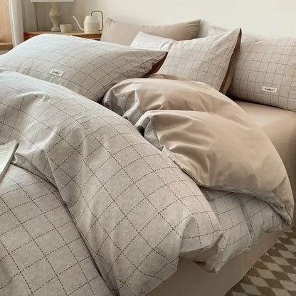Striped beige & blue cotton bedding set bedroom fitted sheet