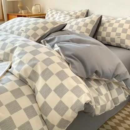 Striped beige & blue cotton bedding set bedroom fitted sheet