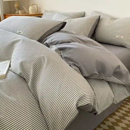 Striped beige & blue cotton bedding set bedroom fitted sheet