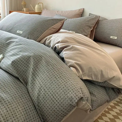 Striped beige & blue cotton bedding set bedroom fitted sheet