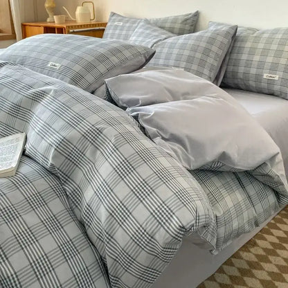 Striped beige & blue cotton bedding set bedroom fitted sheet