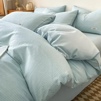 Striped beige & blue cotton bedding set bedroom fitted sheet