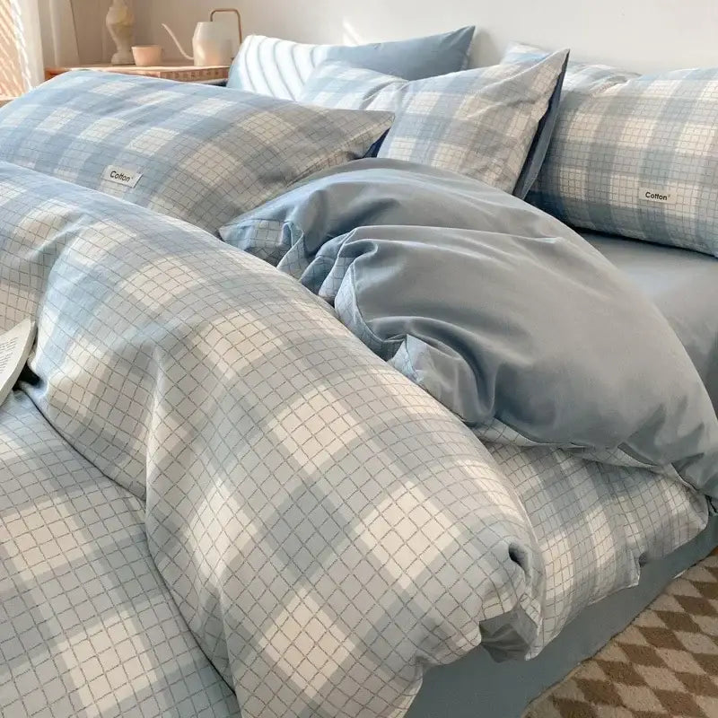 Striped beige & blue cotton bedding set bedroom fitted sheet