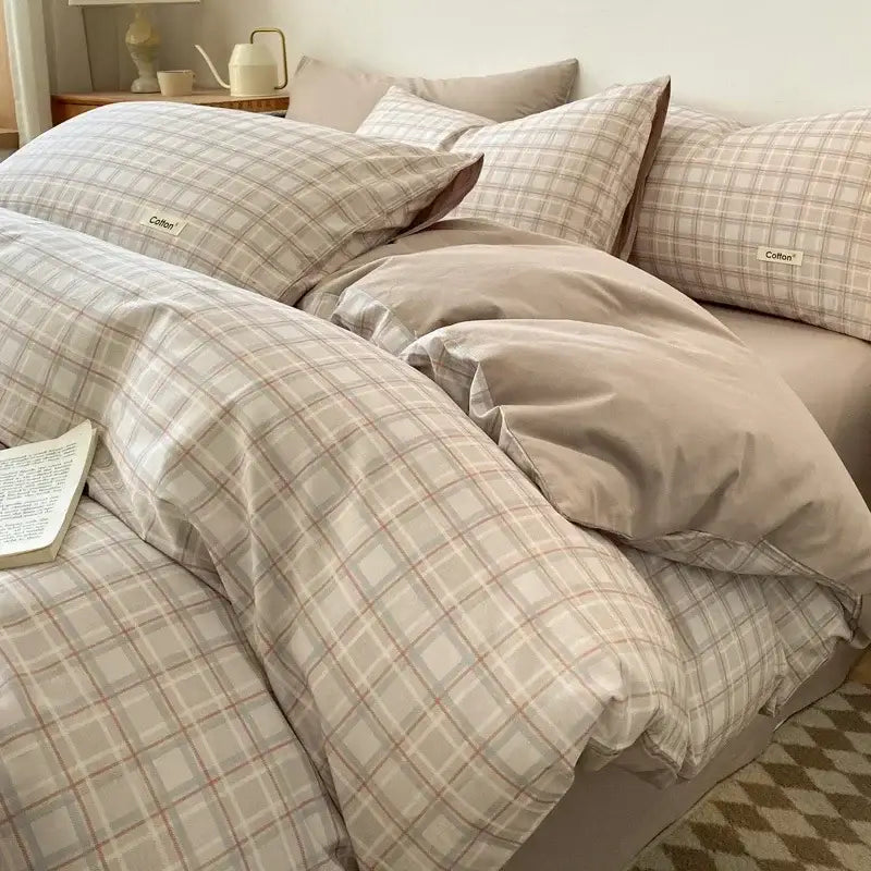 Striped beige & blue cotton bedding set bedroom fitted sheet
