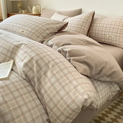 Striped beige & blue cotton bedding set bedroom fitted sheet