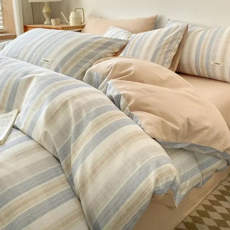 Striped beige & blue cotton bedding set bedroom fitted sheet