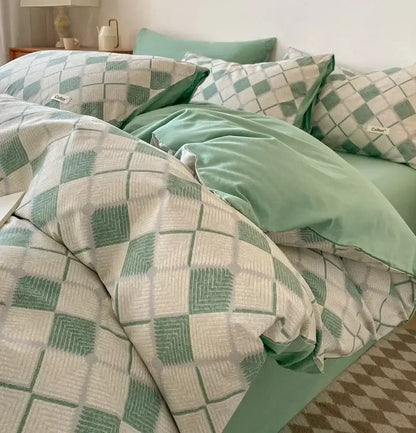 Striped beige & blue cotton bedding set bedroom fitted sheet