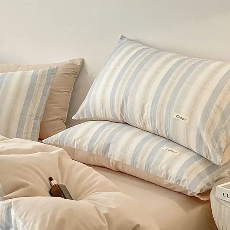 Striped beige & blue cotton bedding set bedroom fitted sheet